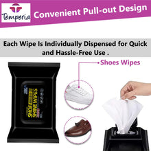 Load image into Gallery viewer, Convenient pull-out shoe cleaning wipes packaging for hassle-free use, shown with sneakers and dress shoes.

