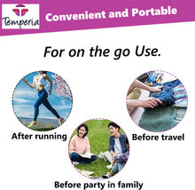 Load image into Gallery viewer, Collage showing portable use of product: after running, before travel, and family party preparation.
