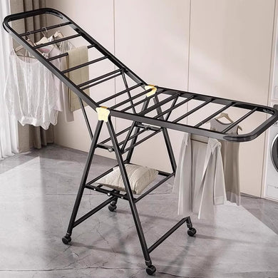 3-tiers foldable clothes drying rack made of carbon steel with adjustable wings and 4 castors in a modern laundry room.