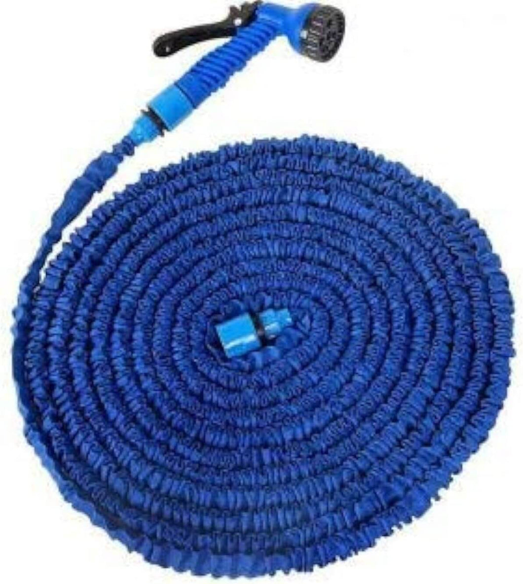 Blue expandable garden hose pipe coiled with an 8-pattern spray nozzle for efficient watering.