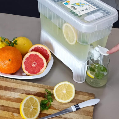 1 Pcs Beverage Dispenser with Dual-Use Stand - Plastic Food Container For Detox and Juice 4.5 Liters with fresh fruits.