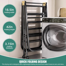 Load image into Gallery viewer, 3-tier foldable clothes drying rack showcasing quick folding design with dimensions for easy storage next to a washer.
