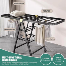 Load image into Gallery viewer, 3-tier foldable clothes drying rack with multi-functional zones for bulky and small items, stable carbon steel design.
