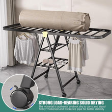 Load image into Gallery viewer, 3-tiers foldable clothes drying rack with adjustable wings, featuring a sturdy carbon steel frame and 4 smooth-rolling castors.
