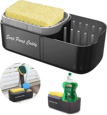 Soap dispenser with sponge holder, featuring a pump for easy soap dispensing and quick-drying sponge storage.