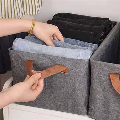 Collapsible Linen Clothes Storage Box with Metal Frame (47x28x20cm) | Foldable Wardrobe Organizer Bin with Handles
