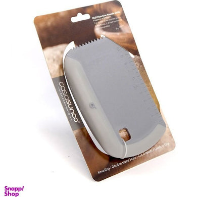 Multipurpose dough scraper with measurement markings for precise cutting and a comfortable grip, ideal for baking and pastry tasks.