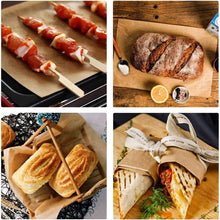 تحميل الصورة في عارض المعرض، A four-panel collage showing prepared food: skewered meat on a baking tray, a rustic loaf of bread on parchment paper with a lemon half and small bowls, two baked pastries in a basket, and a wrap stuffed with tomato and herb, wrapped in a paper ribbon.
