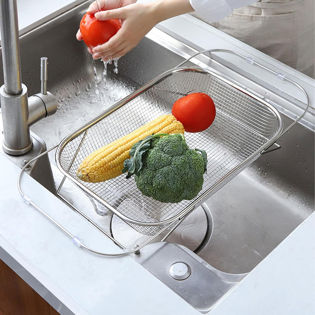 Retractable Stainless Steel Over The Sink Colander, Sink Washing Drying Rack, Expandable Strainer Basket, Mesh, Fruits, Vegetables