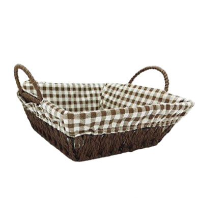 Woven basket with a checkered liner on a white background