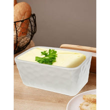 Load image into Gallery viewer, Porcelain butter dish with wooden lid, holding butter and garnished with parsley, ideal for kitchen storage.
