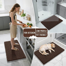 تحميل الصورة في عارض المعرض، Brown doormat shown in use in a kitchen and bathroom with text indicating it's low-profile and pet-friendly.

