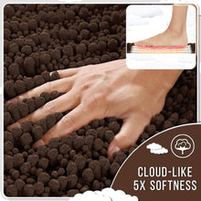 تحميل الصورة في عارض المعرض، Brown textured rug with hand touching it, labeled 'Cloud-like 5x softness'.
