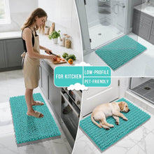 تحميل الصورة في عارض المعرض، Collage of a woman in a kitchen, a dog in a bathroom, and a person standing on a mat with text indicating the mat's suitability for various areas.
