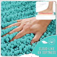 تحميل الصورة في عارض المعرض، Turquoise fluffy rug with a hand touching it, labeled 'Cloud-like 5x softness'.
