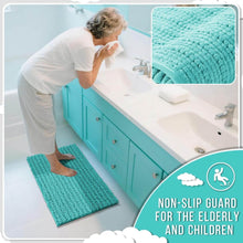 تحميل الصورة في عارض المعرض، Woman cleaning a bathroom with a teal rug and close-up of the rug's texture.
