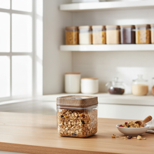 Load image into Gallery viewer, Acrylic Food Storage Canister with Wood-Grain Lid (700ml) | Square, Stackable Pantry Organizer for Cereal, Nuts &amp; Coffee
