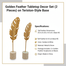 تحميل الصورة في عارض المعرض، Golden feather tabletop decor set on Teriston-style base with product specifications.
