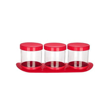 تحميل الصورة في عارض المعرض، Three clear plastic spice jars with red lids, arranged side-by-side on a matching red plastic base tray, isolated on a white background.
