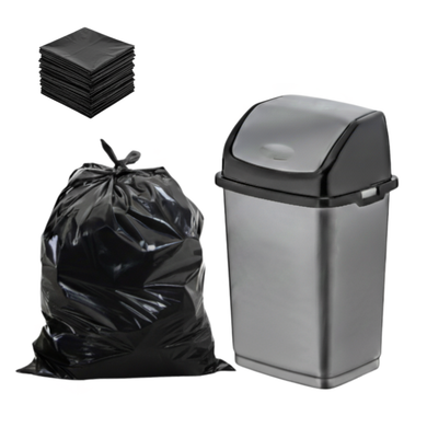 Silver trash bin with black trash bags on a white background
