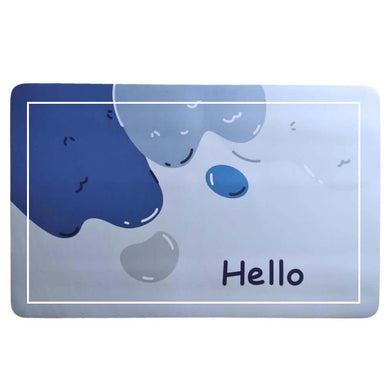 Cartoonish blue and gray cloud design with 'Hello' text on a white background