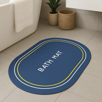 Blue grey oval anti-slip bath mat with yellow and white stripes, promoting safety and quick-drying in bathrooms.
