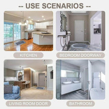 Load image into Gallery viewer, Four scenarios showing a rug being used in different rooms: kitchen, bedroom doorway, living room door, and bathroom.
