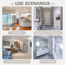 Load image into Gallery viewer, Scenarios showing a rug being used in different parts of a home including kitchen, bedroom doorway, living room door, and bathroom.
