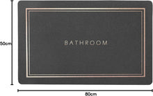 Load image into Gallery viewer, Black doormat with &#39;Bathroom&#39; text and dimensions on a white background
