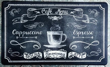 Load image into Gallery viewer, Decorative mat with coffee-themed text and graphics on a dark background
