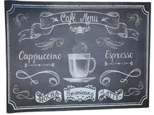 Load image into Gallery viewer, Chalkboard-style menu with coffee-themed text and graphics
