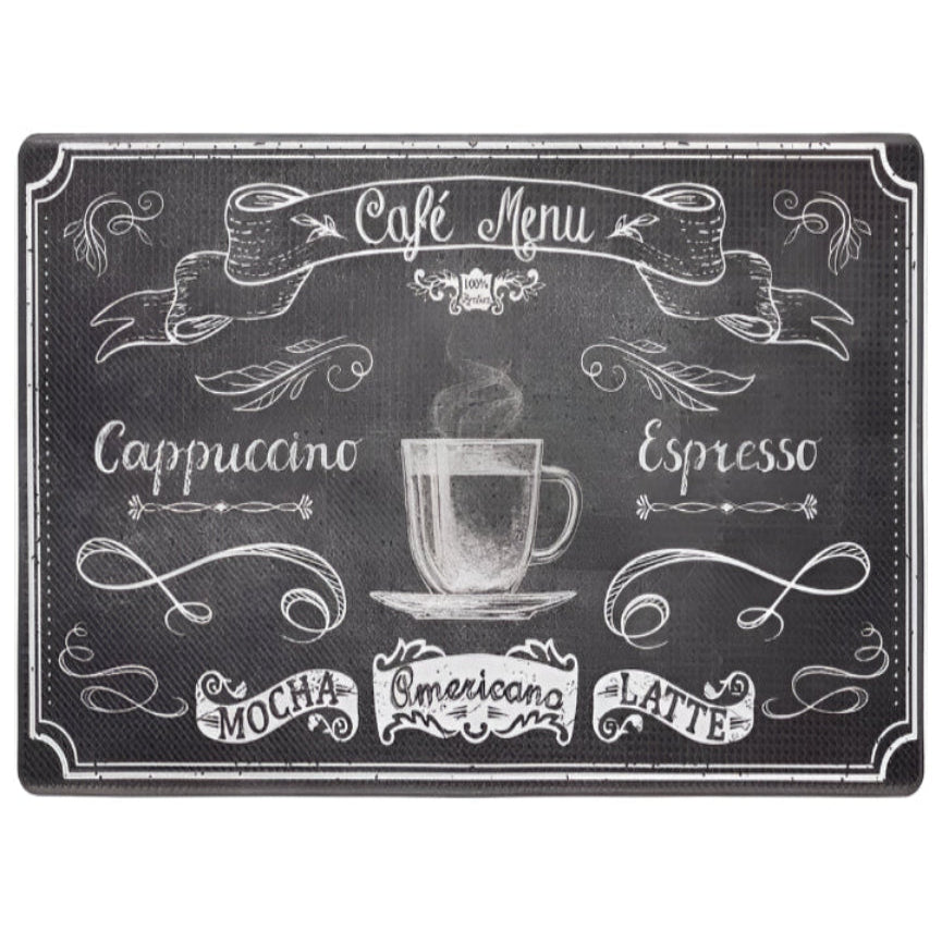 Decorative mat with chalkboard-style design featuring coffee terms and a cup of coffee.