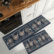 Set of two decorative kitchen mats with coffee-themed design on a floor.