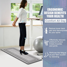 Load image into Gallery viewer, Woman standing on a mat with ergonomic design benefits text on the side
