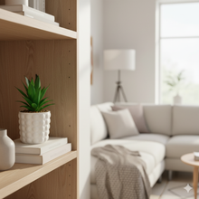 Load image into Gallery viewer, Wooden shelf with a potted plant and books in a living room setting
