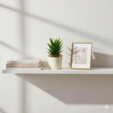 Load image into Gallery viewer, White shelf with a plant, books, and a framed picture against a light wall.

