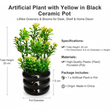 Load image into Gallery viewer, Artificial plant with yellow flowers in a black ceramic pot, featuring product details on a white background.
