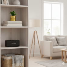 Load image into Gallery viewer, Living room with shelves, lamp, and sofa
