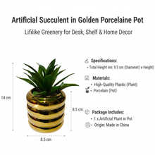 Load image into Gallery viewer, Artificial succulent in a golden porcelain pot with product details on a white background

