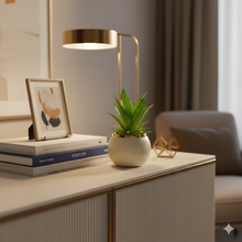 Load image into Gallery viewer, Decorative setup on a table with a lamp, books, and a plant.
