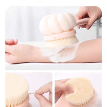 Load image into Gallery viewer, Person using a brush with soap on their arm, followed by close-ups of the brush and soap.
