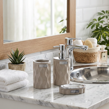 Load image into Gallery viewer, Bathroom accessory set with geometric pattern on a white background
