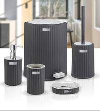 Load image into Gallery viewer, Set of gray bathroom accessories including a toilet brush holder, soap dispenser, and trash can on a white background.
