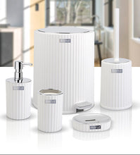 Load image into Gallery viewer, Set of white bathroom accessories including a toilet brush holder, bottle, and container on a white background.
