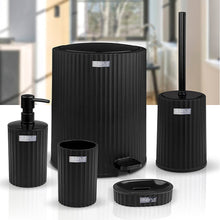 تحميل الصورة في عارض المعرض، Black bathroom accessory set including a bottle, holder, and brush on a white surface.
