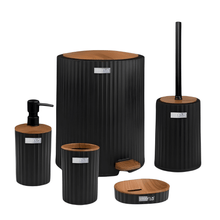 تحميل الصورة في عارض المعرض، A set of black bathroom accessories with wooden accents, including a waste bin with pedal, toilet brush, liquid soap dispenser, toothbrush and paste cup, and a dry soap dispenser.
