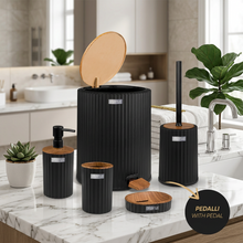 تحميل الصورة في عارض المعرض، Bathroom Accessories Set - 5 Pcs Decor Bathroom Set (Coliseum) - Wooden Frame - With Pedal Waste Bin
