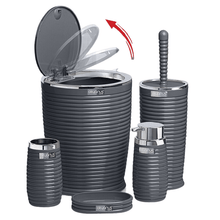 تحميل الصورة في عارض المعرض، A set of bathroom accessories in gray, including a waste bin, toilet brush, liquid soap dispenser, toothbrush and paste, and a dry soap dispenser.
