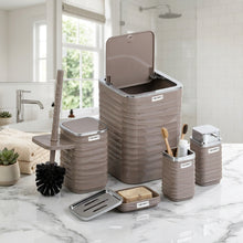 تحميل الصورة في عارض المعرض، Set of brown trash cans and cleaning tools in a bathroom setting

