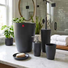 Load image into Gallery viewer, A set of black bathroom accessories including a waste bin, toilet brush, liquid soap dispenser, toothbrush and paste cup, and a dry soap dispenser.
